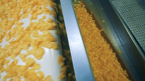 Yellow chips falling from a conveyor at a food factory.