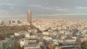 Aerial view of Paris in the morning, Montparnasse tower, Eiffel tower - light color grading