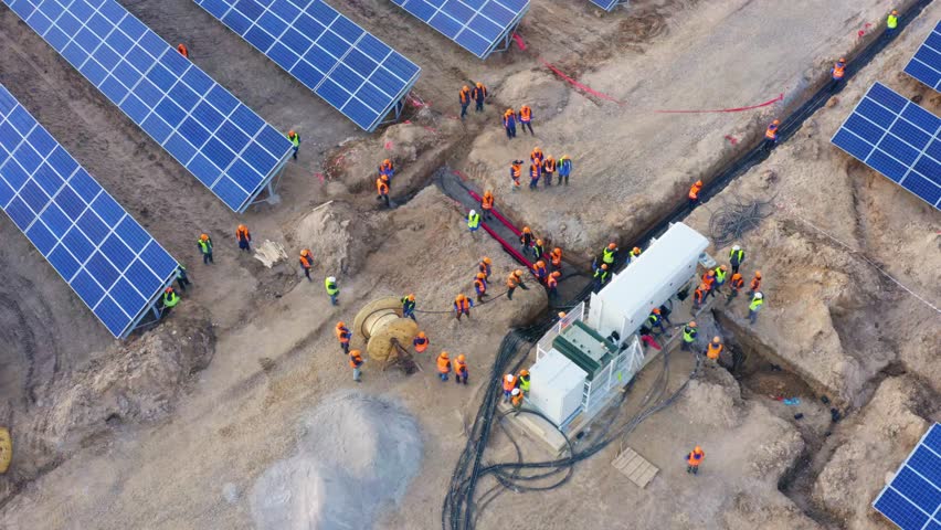 Aerial top view of a large group of workers installing a power cable in a transformer box at a giant industrial solar power station (solar electricity plant) Royalty-Free Stock Footage #1026080144