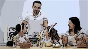 Father is hugging his kids: daughter and son, who are wearing bunny ears, sitting at the holiday table full of Easter decorations. Family members are smiling simultaneously. Animated video. Scatch
