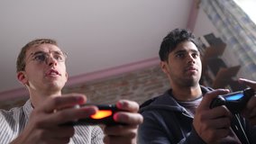 Friends Playing Video Exciting Video Games at Home
