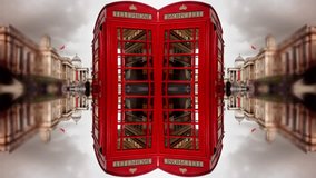 a famous london phone box, with people rushing by, trafalgar square, london made into abstract pattern