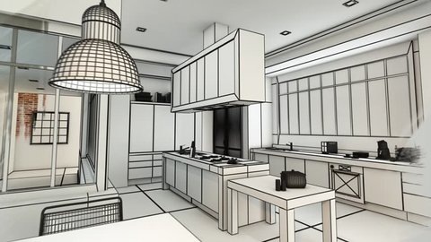 3D animation of a modern urban kitchen evolving  from a wireframe rendering to a realistic color rendering