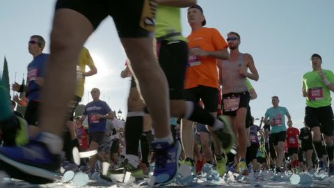 Barcelona Spain - March 10 2019. Large-scale annual spring marathon race on a fast and flat route through the historic center of Barcelona in the morning