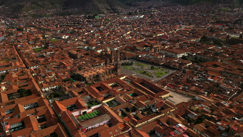 Aerial drone view of the main square of Cusco town - Plaza de Armas. Peru, South America.