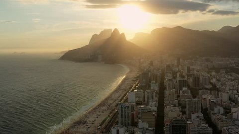Aerial view of sunset on Ipanema Beach (Playa) and Leblon Beach in city of Rio de Janeiro - landscape panorama of Brazil from above, South America