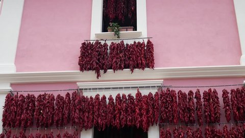 Orsomarso, Calabria, Pollino National Park, Italy - September 4 2019: chili house, sweet and spicy peppers hanging to dry, Crusco pepper, protected geographical indication typical Italian product