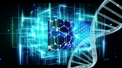 Digitally generated animation of DNA helix with numeric screen against lines with blue light effects