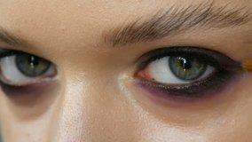 High-fashion. Makeup artist making professional make-up smoky eyes of pink and black color for girl model for shooting in the studio. Close up view of the green eye model