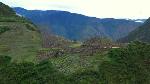 Aerial drone view of Machu Picchu ancient Inca ruins. Peru, Latin America