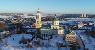 Aerial 4k video clip of The Church of Saint Nicholas in Domodedovo, Moscow region, Russia