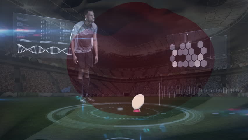 Digital composite of a rugby player kicking in the ball while being analysed with data graphs in a stadium with a Japanese flag floating on the background and 