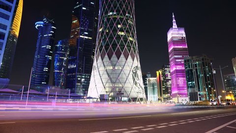 QATAR, DOHA, MARCH 20, 2018: UHD 4K night time lapse of road traffic in financial centre in Doha - capital and most populous city in Qatar, Persian Gulf, Arabian Peninsula, Middle East