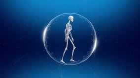 Digital composite of skeleton walking in spinning globe on a blue background - Powered by Shutterstock - Get 15% off with code: PIKWIZARD15