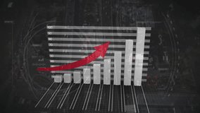 Digital composite of bar chart growing with red arrow showing growth and aerial view of city on the background. - Powered by Shutterstock - Get 15% off with code: PIKWIZARD15