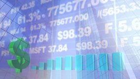 Digital composite of blue coloured bar chart growing while green dollar symbol rotates in the left corner and stock market data moves on the background - Powered by Shutterstock - Get 15% off with code: PIKWIZARD15