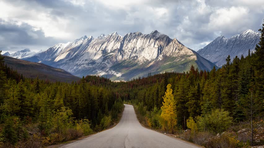 Beautiful view of a scenic road in the Canadian Rockies during Fall Season. Taken in Icefields Pkwy, Jasper, Alberta, Canada. Still Image Continuous Animation