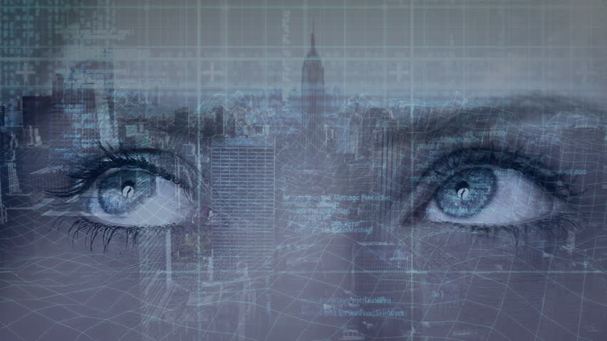 Digital composite of eyes of female looking from left to right while numbers moving on the foreground and city background | Shutterstock HD Video #1026124346