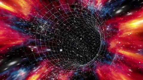 Looped wormhole flight to another dimension through a grid and a red-shifted force field 