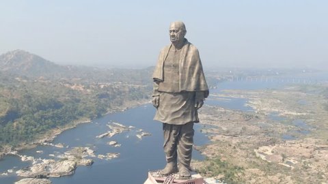 Statue of Unity, Narmada, Gujarat, India - 20 October 2018: Aerial video view of Statue of Unity by drone. Statue of Unity is the tallest statue in the world. Located in Narmada, Gujarat, India.
