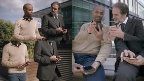 Collage of medium and close up shots of Afro-american young man and middle-aged Caucasian man walking together, discussing project during break, showing details on phone. Work, communication concept