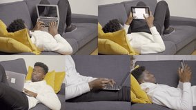 Collage of medium, close up shots of Afro-american handsome man in hoodie sitting, lying on sofa at home, working on laptop and tablet, paying online with credit card. Work, online shopping concept