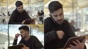 Collage of medium, close up shots of mixed-race young handsome man with beard in black pullover talking on phone while working on tablet outside. Work, communication concept