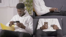 Collage of medium and close up shots of Afro-american young handsome man in white hoodie sitting at home, working on laptop, paying online with credit card. Work, online shopping concept
