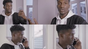 Collage of medium, close up shots of Afro-american young handsome man in white hoodie talking on phone, having video chat. Work, communication concept