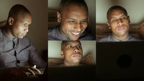 Collage of medium, close up shots of young Afro-american handsome bald man sitting at home, working on laptop at night, thinking, looking at camera, smiling. Work, communication concept