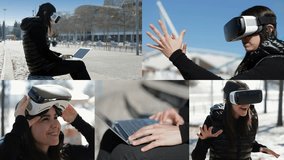 Collage of medium and close up shots of young dark-haired excited woman in warm black waistcoat exploring reality in virtual reality glasses, working on laptop. City background. VR concept