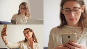 Collage of young Caucasian woman with long dark hair and white blouse sitting at home, having video chat and texting on phone. Work, communication concept