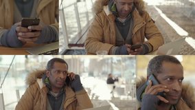 Collage of medium and close up shots of middle-aged Afro-american man in sand jacket with artificial fur talking and texting on phone. Lifestyle, communication concept