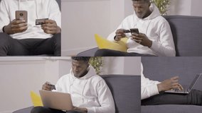 Collage of medium and close up shots of Afro-american young handsome man in white hoodie sitting at home, paying online with credit card on laptop and smartphone. Work, online shopping concept