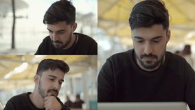 Collage of medium, close up shots of mixed-race young handsome man with beard in black pullover sitting outside, working on laptop, thinking hard. Work, communication concept