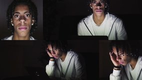 Collage of medium, close up shots of Afro-american young handsome man with long curly hair in white hoodie sitting at home, working on laptop at night, having video chat. Work, communication concept