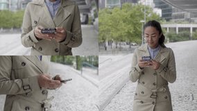 Collage of medium and close up shots of concentrated young brown-skinned woman in glasses and in camel trench walking along building, texting message on smartphone. Communication, lifestyle concept
