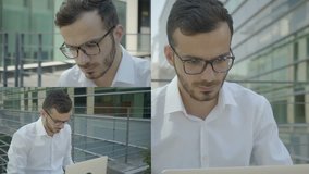 Collage of young handsome businessman in glasses sitting outside at building office, typing on laptop, paying online with credit card. Work, online shopping concept