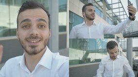 Collage of medium and close up shots of young handsome businessman being outside at building office, having video chat on phone, using earphones, waving hand. Work, communication concept