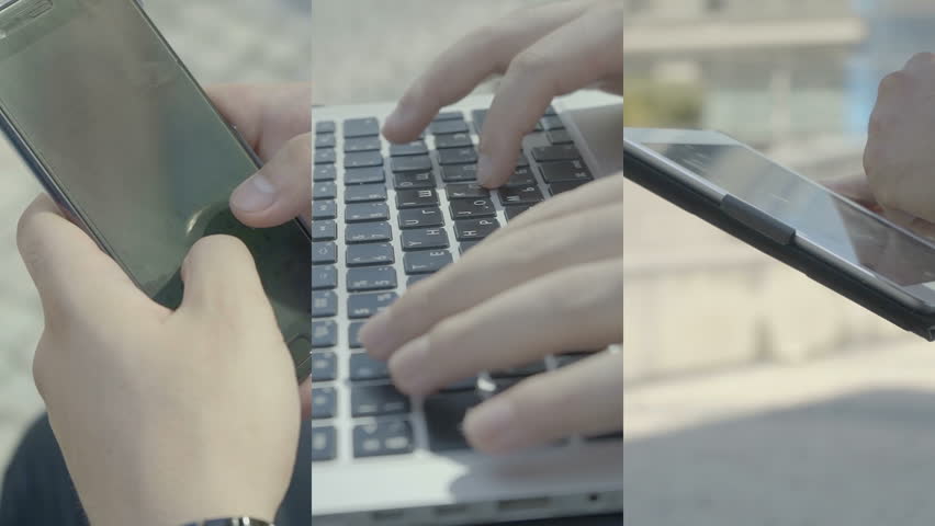 Collage of close up shots of young male hands typing on laptop, swiping photos on tablet, texting on smartphone. Lifestyle, communication concept
