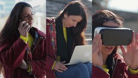 Collage of medium shots of middle-aged dark-haired woman in warm dark rose jacket talking on phone, working on laptop, setting up parameters of virtual reality glasses. VR, communication concept