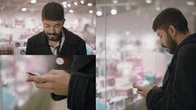 Collage of medium and close up shots of young mixed-race man with beard at shopping mall, choosing present, texting on phone. Lifestyle concept