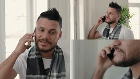 Collage of medium and close up shots of young handsome man with stylish hairdo in white T-shirt and striped scarf talking on phone at home. Lifestyle, communication concept