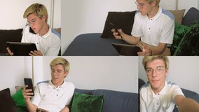 Collage of medium shots of Caucasian boy with blonde hair in white T-shirt sitting at home, having video chat, talking on phone while working on tablet. Communication, lifestyle concept