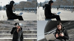 Collage of medium shots of young dark-haired excited woman setting up virtual reality glasses parameters, typing on laptop and phone. City background. VR concept