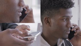 Collage of close up shots of Afro-american young handsome man in white hoodie and black jacket texting on smartphone, swiping photos, talking with friend. Lifestyle, communication concept