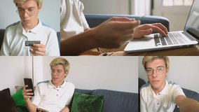 Collage of medium and close up shots of Caucasian boy with blonde hair in white T-shirt sitting at home, having video chat, paying online with credit card. Communication, online shopping concept