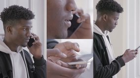 Collage of medium and close up shots of Afro-american young handsome man in white hoodie and black jacket texting on smartphone, swiping photos, talking with friend. Lifestyle, communication concept
