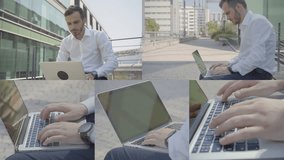 Collage of medium and close up shots of young handsome businessman sitting outside at building office, typing on laptop, working. Work, freelance concept