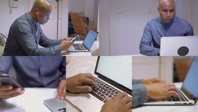 Collage of medium and close up shots of young Afro-american handsome bald man in blue shirt sitting at home, working on laptop, choosing music on phone. Work, communication concept